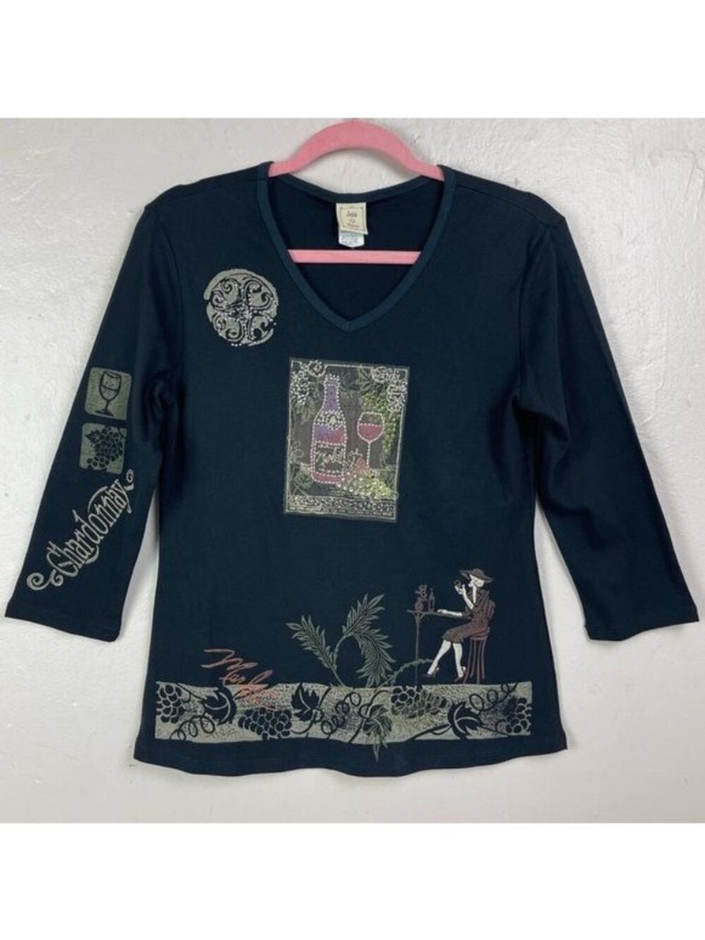 Jess & Jane Chardonnay Wine Tasting Black Top Women's Small merlot rhinestones